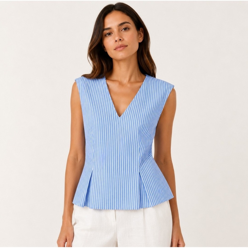 Ann Taylor Peplum Top Womens S Blue Stripe V-Neck Linen Blend Sleeveless Coastal
